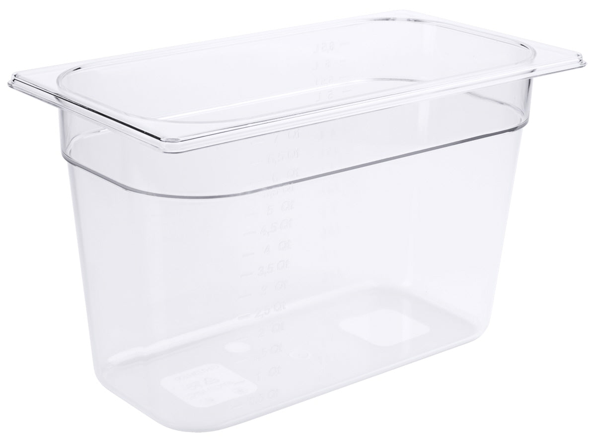 Transparente GN-Behälter aus Kunststoff.