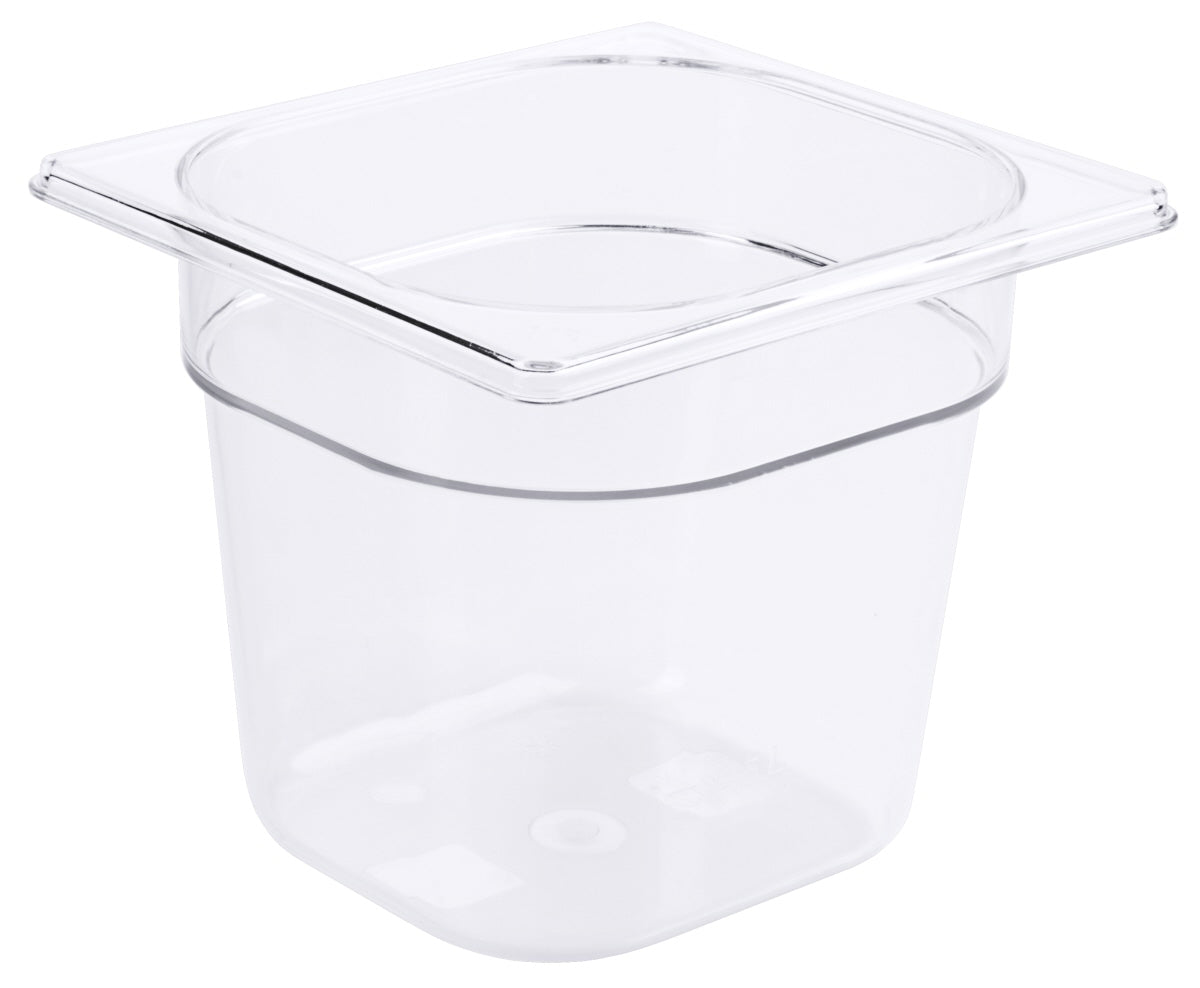 Transparente GN-Behälter aus Kunststoff.