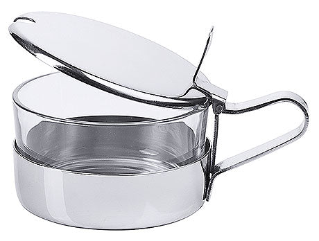 Glasbehälter mit Metallhalterung, Deckel.