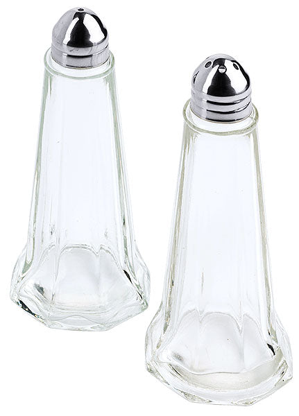 Zwei Glas-Salzstreuer mit Deckel.