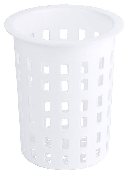 Weißer Kunststoff-Abtropfkorb mit Löchern.
