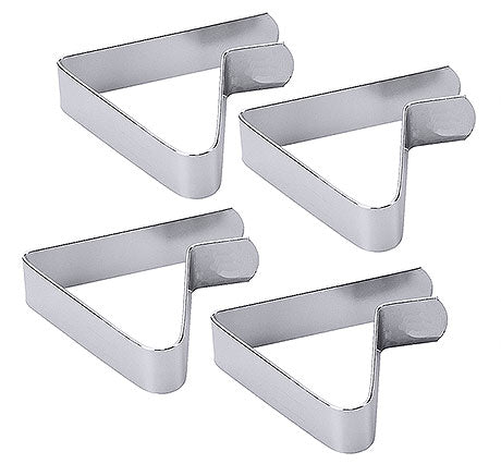 Vier dreieckige Tischdeckenklammern Metall.