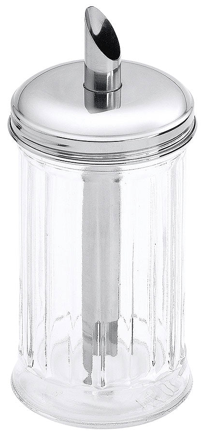 Zuckerspender aus Glas und Metall.