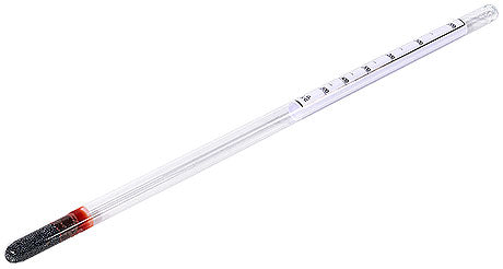 Glasthermometer mit roter Spitze.