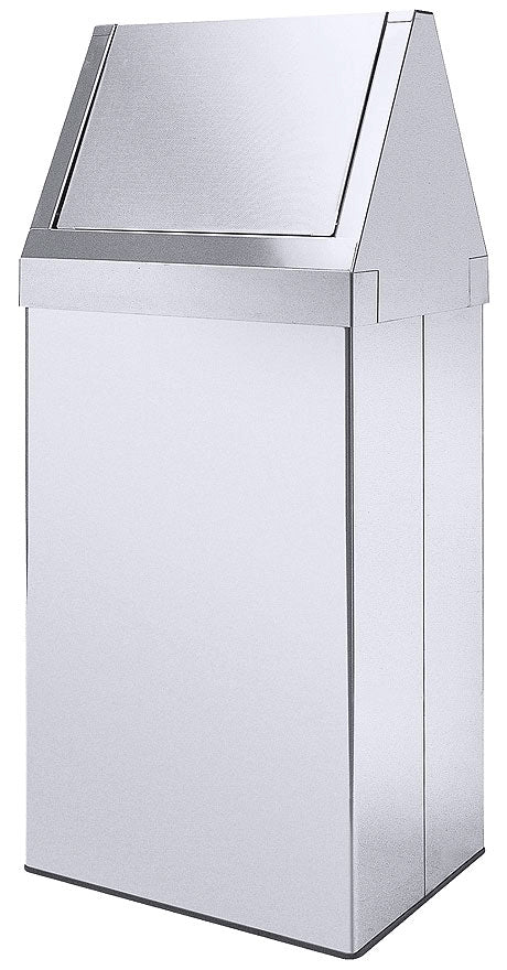 Silberner Abfallbehälter mit Klappdeckel.