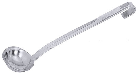 Silberne Suppenkelle mit Haken.