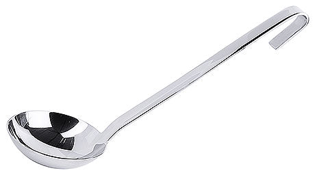 Silberne Suppenkelle mit Haken.