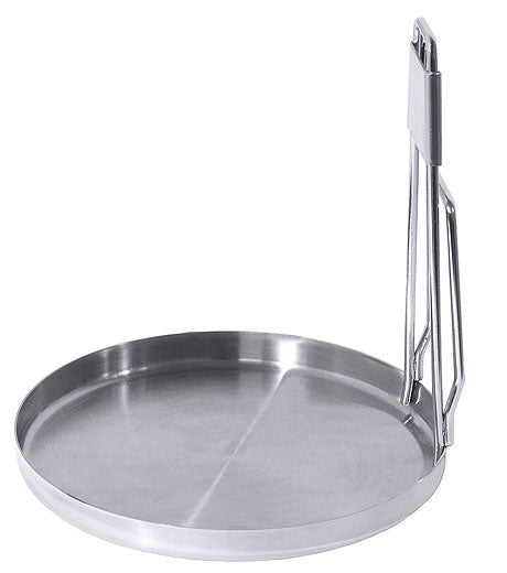 Runder Edelstahl-Serviertablett mit Griff.