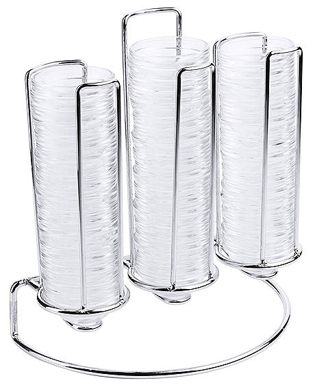 Drei stapelbare Becherspender aus Metall.