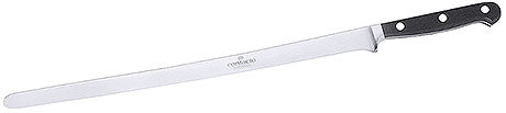 Langes Küchenmesser mit schwarzem Griff.