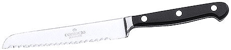 Gezacktes Küchenmesser mit schwarzem Griff.
