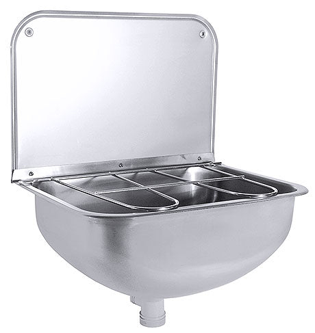 Edelstahl-Handwaschbecken mit Spritzschutz.