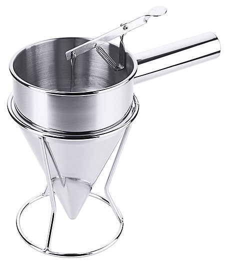 Edelstahltrichter mit Ständer und Griff.