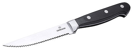 Gezacktes Küchenmesser mit schwarzem Griff.