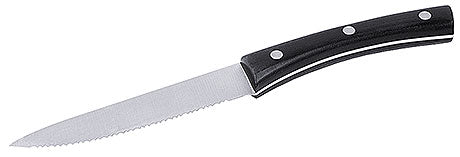Gezacktes Küchenmesser mit schwarzem Griff.