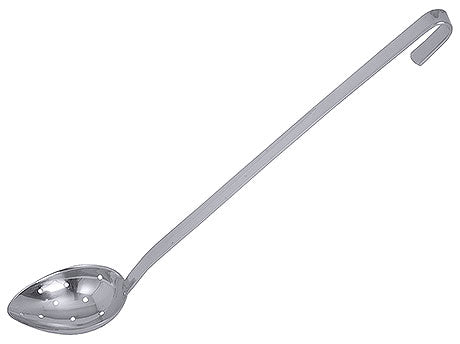Langer, gelochter Edelstahl-Schöpflöffel.