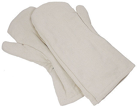 Zwei weiße Ofenhandschuhe aus Stoff.