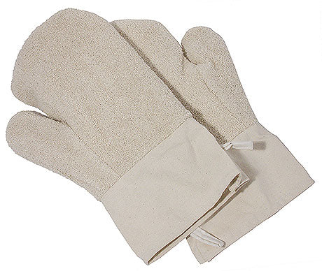 Zwei weiße Ofenhandschuhe aus Stoff.