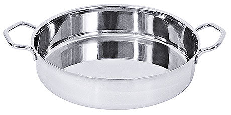Silberne, runde Edelstahlpfanne mit Griffen.