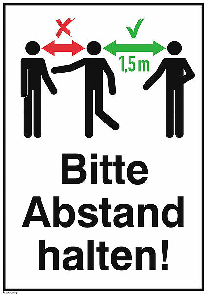 Schild: Bitte Abstand halten, 1,5m.