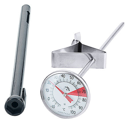 Thermometer mit Schutzhülle und Halterung.